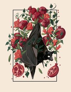 a bat surrounded by flowers and pomegranates