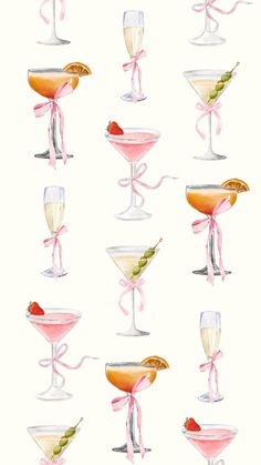 a watercolor painting of different types of cocktails with pink ribbons and bows on them