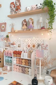 a room with shelves filled with different types of donuts and other things on the wall