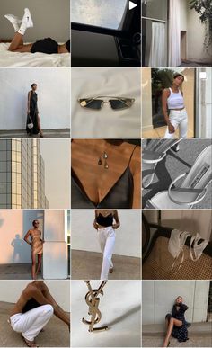 the collage shows many different images of women in white clothing and shoes, including one woman