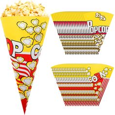 three different types of popcorn cones on a white background