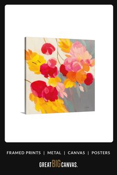 a painting with flowers painted on it and the words, framed prints metal canvass posters