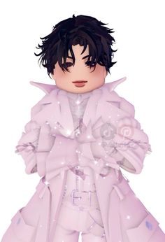 an anime character with black hair wearing a pink coat