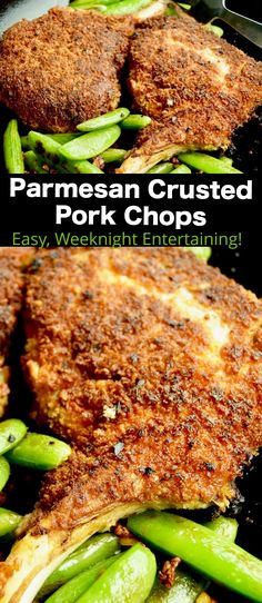 parmesan crusted pork chops in a skillet with asparagus