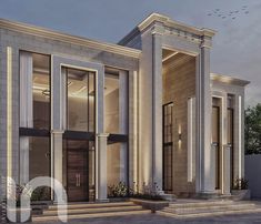 an architectural rendering of a modern house with large pillars and columns on the front entrance