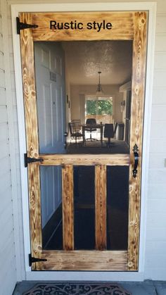 an open door with the words rustic style written on it and chairs in the background