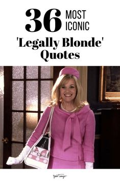 a woman in pink is holding a purse and smiling with the words,'most iconic legally