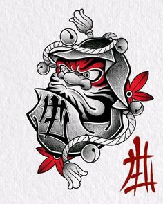 the chinese character is depicted in this tattoo art work, which includes an image of a demon