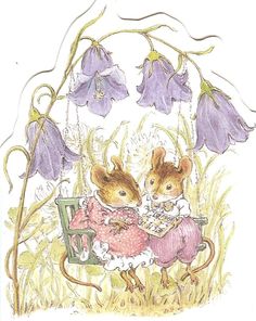 two mouses sitting on a chair in the grass with purple flowers behind them,