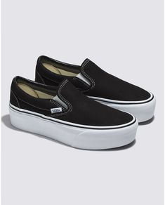 Vans Classic Slip-On Stackform Sneaker in Black/True White Vans Platform Slip On, Platform Aesthetic, Black Slip On Vans Outfit, Platforms Aesthetic, Vans Slip On Black, Wall Style, Cute Vans, Platform Vans, Platform Shoe