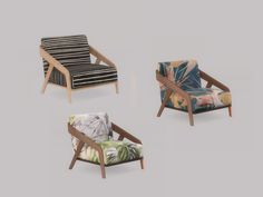 four different types of chairs and one is made out of wood, the other has an upholstered fabric