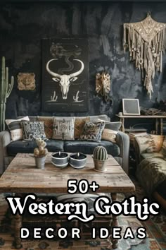 a living room filled with furniture and walls covered in black wallpaper, the text 50 + western gothic decor ideas