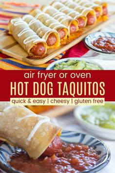 hot dog taquitass on a plate with salsa and guacamole