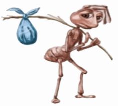 a drawing of an ant carrying a blue bag on its back with one leg and the other hand