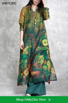 Vintage Green Linen Dresses Casual Linen Clothing Dress Vintage Side Open Prints Dresses