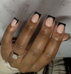 Black Nail Sets Black Tip Nails Short Square, Nail Ideas For Starters, Short Square Acrylic Nails Black Tips, Black French Tip Shorties, Black Acrylic Overlay Nails, Black Shorties Acrylic Nails, Short Nails Black French Tip, Black French Tip Nails And Toes