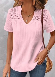 Color:Light Pink;Size:S;Size:M;Size:L;Size:XL;Size:XXL;Package Contents:1 X Blouse;Occasion:Other;Style:Casual; 2024 Wardrobe, Pink Patchwork, Mix Match Outfits, Light Pink Shorts, Stylish Tops For Women, Tops Trendy, Trendy Tops For Women, Trendy Fashion Tops, V Neck Blouse