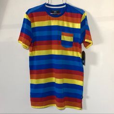 Extra Long Striped Bright Tee With Pocket. Brand New With Tags. Armpit To Armpit 19” Shoulder To Hem 29.5” Giants Shirt, Pocket Shirt, Striped Tee, Shirt Color, Extra Long, Blue Purple, Blue And Purple, Colorful Shirts, Color Blue