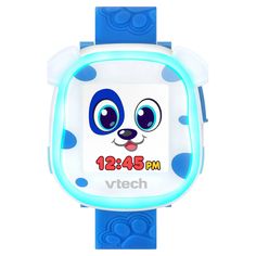 a blue and white wrist watch with a cartoon face on it's front side