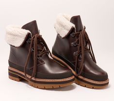 A fab find for all your winter weather adventures, these leather lace-up boots give us instant cozy-cabin vibes. But don't just stay bundled up indoors; these durable faux-fur lined beauties are ready to venture into the chilly temps, too. From Clarks Footwear. Rugged Lace-up Boots With Leather Sole For Winter, Leather Mid-calf Lace-up Winter Boots, Winter Lace-up Boots With Leather Sole, Medium Width, Leather Waterproof Boots With Faux Fur Lining, Outdoor Lace-up Boots With Faux Fur Lining, Leather Lace Up Boots, Winter Weather, Cozy Cabin, Lace Up Boots