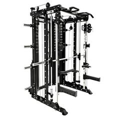 the body - solid power cage is shown in black and white, with four squat racks