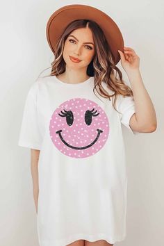 Wink Smiley Face Graphic T-Shirt. Designed for comfort and style. 100% Premium Cotton Unisex Sizing Classic Fit Fun T-shirt With Sublimation Print For Spring, Funny Print Short Sleeve T-shirt For Loungewear, White T-shirt With Funny Print For Spring, Cute White Cotton T-shirt, Trendy Smiley Face Loungewear Tops, Trendy Smiley Face Tops For Loungewear, Fun Crew Neck T-shirt For Loungewear, Cute White Short Sleeve T-shirt, Fun White T-shirt