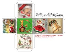 four christmas greeting cards with santa claus and bells on them, all in different designs