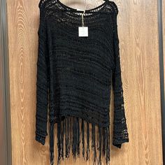 Soft, Slightly Stretchy Black Sweater Or Beach Coverup. Great For That Next Outdoor Summer Festival! Black Bohemian Open Knit Sweater, Casual Black Crochet Top For Fall, Batwing Sleeve Sweater, Cable Knit Sweater Womens, Pink Long Sleeve Shirt, Jcrew Sweater, Fringe Sweater, Long Fringe, Outdoor Summer