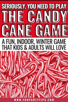 the candy cane game for kids and adults is shown in red with white letters on it