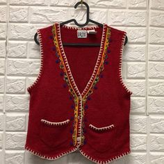 In good used condition Size is smaller Embellished Bohemian Sleeveless Vest, Bohemian Sleeveless Winter Tops, Vest Cardigan, Pullover Outfit, Cardigan Vest, Knit Vest, Sewing Inspiration, Cardigans For Women, Sweater Outfits