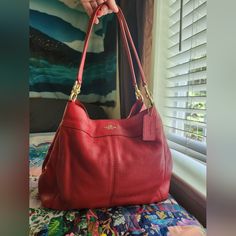 Coach Lexy Shoulder Bag In Pebble Leather (F57545) Light-Gold/True-Red Euc/Like New! Can't Find Any Flaws Except One- The Inside Creed Patch Got Scratched And Damaged By Something (Pls See Pics). Otherwise, This Bag Looks Brand New To Me, But Since I Can't Know For Sure, I'm Saying It's "Almost New". This Bags Leather Is So Soft And Supple- Like Buttah! No Scratches, Rubs, Holes, Or Rips, Like I Said, It's Basically A New Bag! Did Have Some Dust On Inside From Sitting Around, Which I've Cleaned, Red Hobo Bag With Gold-tone Hardware, Red Hobo Bag With Gold-tone Hardware For Everyday, Red Coach Bag For On-the-go, Red Leather Bag With Branded Hardware, Red Coach Shoulder Bag With Branded Hardware, Coach Red Shoulder Bag With Branded Hardware, Red Hobo Bag With Gold-tone Hardware For Travel, Coach Red Shoulder Bag For On-the-go, Red Coach Shoulder Bag For On-the-go