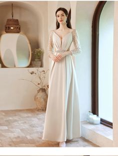 Satin V-neck Evening Dress For Banquet, Satin Long Sleeve Evening Dress For Banquet, Banquet Satin V-neck Evening Dress, Long Sleeve Satin Evening Dress For Banquet, Satin Long Sleeve Mother Of The Bride Evening Dress, V-neck Evening Dress For Prom Season Banquet, Long Sleeve Satin Evening Dress For Prom, V-neck Evening Dress For Banquet And Prom Season, Long Sleeve Satin Evening Dress For Prom Season