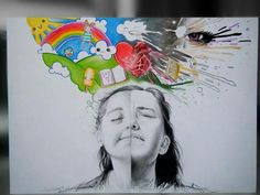 a drawing of a woman's head with many different things on top of it