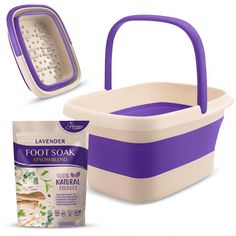 the lavender foot soak is next to a purple and white basket