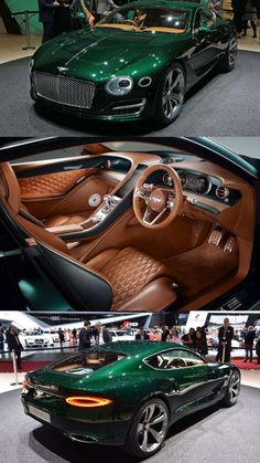 the inside and outside of a green sports car