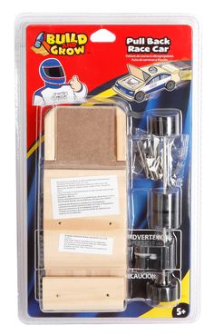 the build your own race car set is packaged in a plastic package with instructions on how to use it