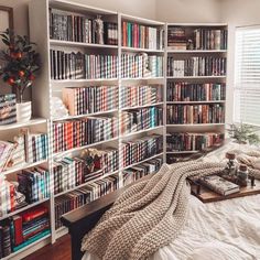 a bed sitting in front of a book shelf filled with books on top of it