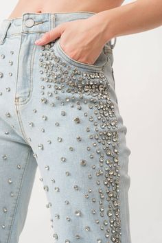 Embellished denim pants Stretch denim Light wash Classic 5-pocket design Cascading rhinestone-studded embellishment Styled with: IC2472 rhinestone corset top Model is 5 ft 6 in, wearing a Small. Bust: 32 in Waist: 24 in Hips: 35 in Product ID: IP2788 Rhinestone Corset Top, Rhinestone Corset, Jeans Design, Diy Denim, Embellished Denim, Denim Diy, Embellished Jeans, Designer Jeans, Light Denim