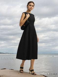 Lasaky - Classic Women's Fashion Plain Pocketed Dress Casual Evening A-line Maxi Dress, Casual A-line Sleeveless Dress For Evening, Casual A-line Sleeveless Evening Dress, Casual Sleeveless Midi Length Evening Dress, Casual A-line Maxi Dress For Evening, Casual A-line Midi Dress For Cocktail, Summer A-line Maxi Dress For Office, Summer A-line Sleeveless Dress For Office, Crew Neck Dress