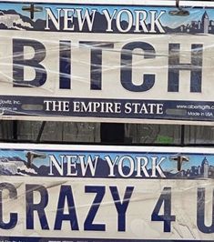 two new york license plates on display in front of a building with the empire state painted on them