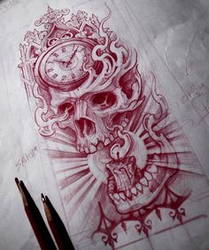 a pencil drawing of a skull with a clock on it's face and other items