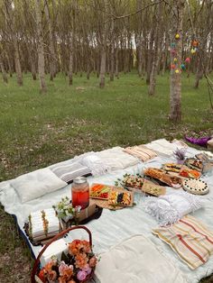 a picnic blanket with food on it in the woods