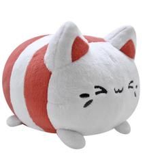 a white and red cat stuffed animal with black lettering on it's face, laying down