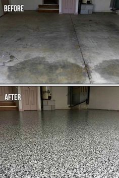 before and after photos of a garage floor that has been stained white with black speckles