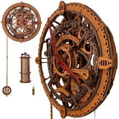 an intricate wooden clock with gears attached to it's sides and pendulums hanging from the side