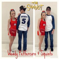 two people dressed up in sports uniforms and posing for the camera with their arms around each other