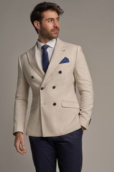 Cavani Romeo Double Breasted Beige Blazer - Jackets Beige Blazer Outfit, Costume Beige, Tweed Wedding Suits, Blazer Outfits Men, Beige Suits, Mens Fashion Blazer