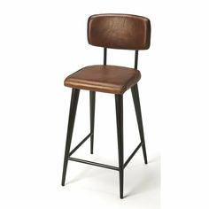 an image of a bar stool with brown leather upholstered seat and backrest