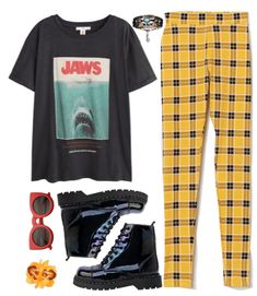 Sister Shark   #jawstee #tee #tshirt #jaws #shark #blacktee #graphictee #combatboots #boots #blackboots #drmartens #tartanpants #yellowpants #Plaid #plaidpants #yellowplaidpants #redsunglasses #polyvore #shoplook Jaws Outfits, Yellow Plaid Pants, Jaws Shark, Iridescent Black, Now United, Black Vegan, Swaggy Outfits, Outfit Shoplook