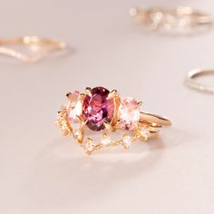 Pastille Tourmaline Cocktail Ring, Pink Glaze | Catbird Jewelry Pink Morganite Ring With Gemstone Accents, Luxury Pink Tourmaline Rings, Pink Tourmaline Jewelry With Accent Stones, Pink Tourmaline Rings With Gemstone Accents, Pink Tourmaline Gemstone Rings, Pink Morganite Jewelry With Gemstone Accents, Pink Oval Stackable Jewelry, Pink Tourmaline Wedding Jewelry, Wedding Jewelry With Rose Cut Diamonds And Tourmaline